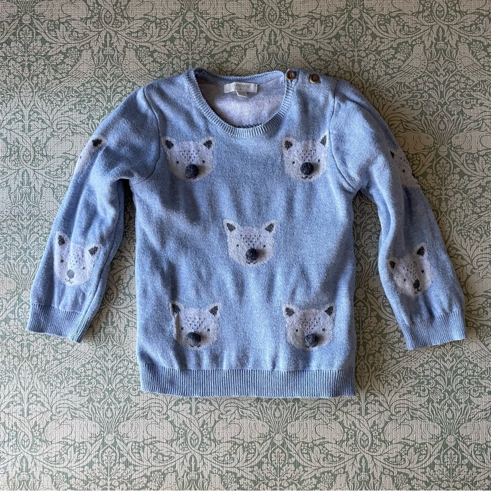 Baby Blue Cotton Wool Sweater with Bear Pattern